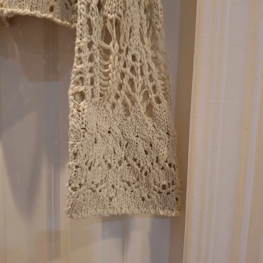 Natural Life Sweater Lg  Cream Open Knit Crochet Cropped Boho Pointelle Pullover